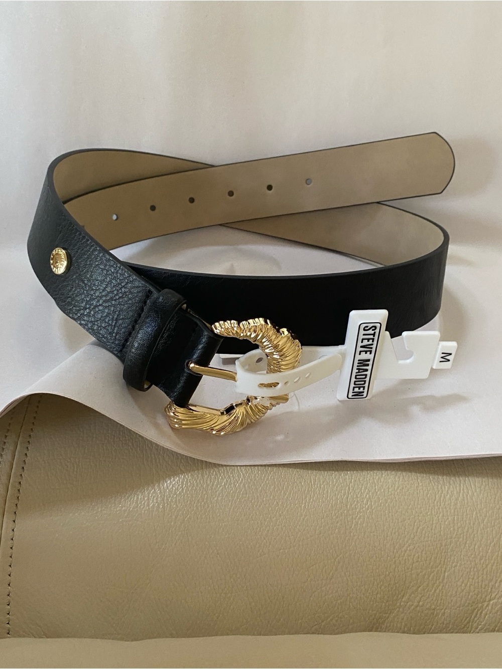 Steve Madden Black Belt with Decorative Gold Rope-Style Buckle